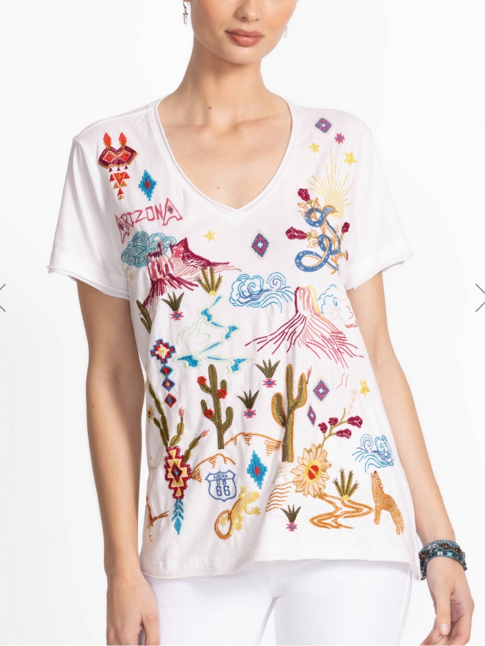 NWT Johnny Was White Embroidered Arizona Everyday V-Neck Tee Sz S New